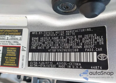 2017 Toyota Camry Se z USA, uszkodzony, nr VIN 4T1BF1FK7HU302388
